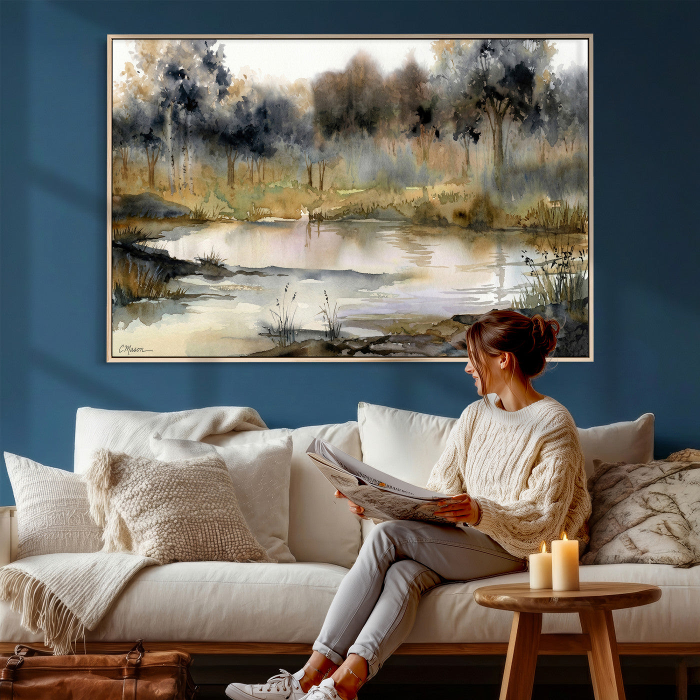 27383609-MGV-CV-36X24 - Abstract Watercolor Autumn Lake Canvas Wall Art Print - Misty Forest Landscape, Rustic Nature Painting, Cabin Wall Decor - Ready to Hang