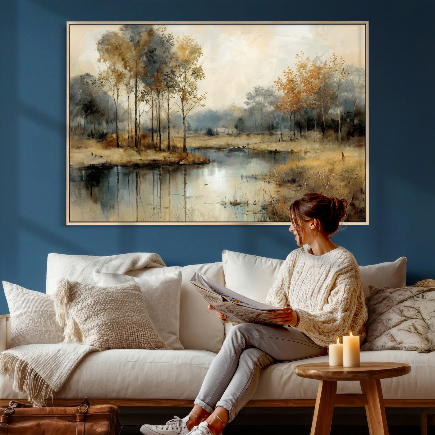 74391095-MGV-CV-36X24 - Abstract WatercolorAutumn Lake Canvas Wall Art Print, Misty Forest Landscape, Rustic Nature Painting, Cabin Wall Decor, Ready to Hang