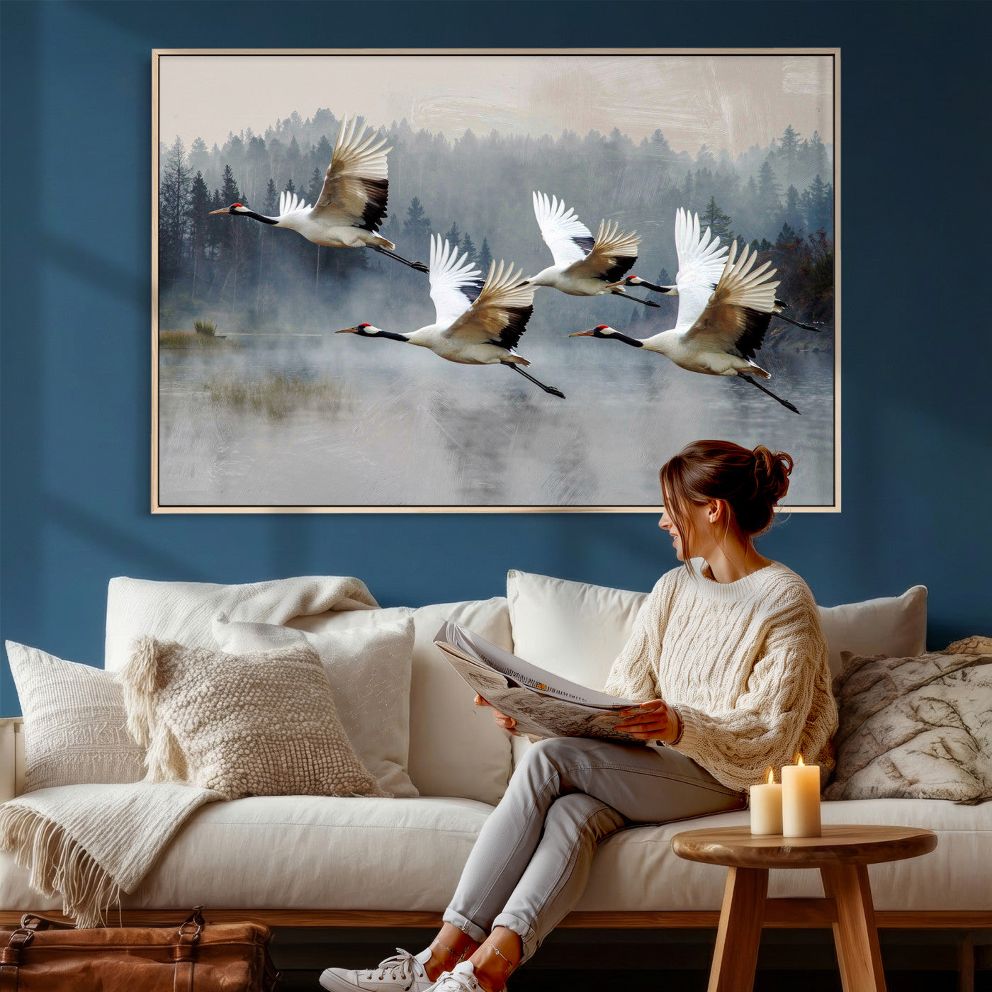 24356826-MGV-CV-36X24 - Flying Crane Canvas Wall Art Print, White Crane Bird Artwork, Wildlife Nature Decor, Lake Landscape Canvas, Ready to Hang