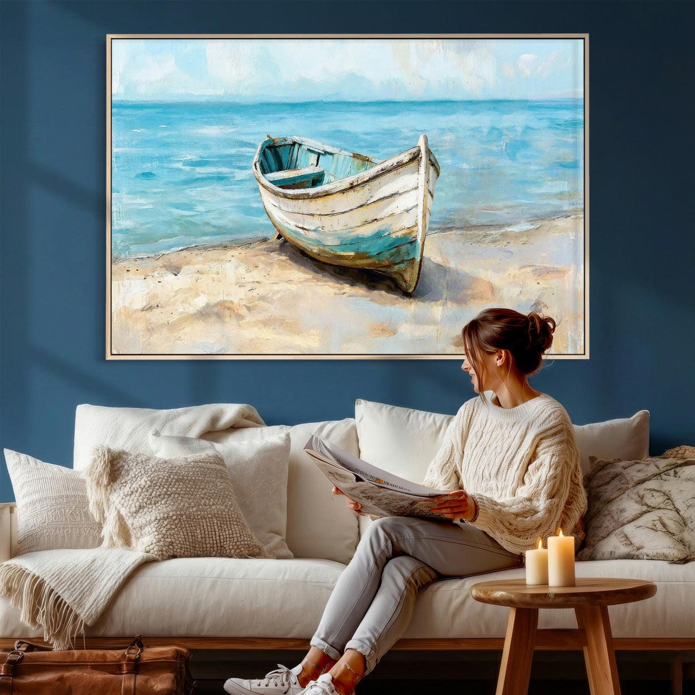 14780565-MGV-CV-36X24 - Coastal Boat Canvas Wall Art Print, Beach Boat Painting, Nautical Ocean Decor, Seascape Wall Art, Ready to Hang