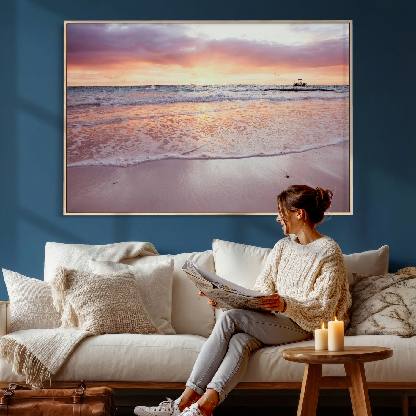 44765395-MGV-CV-36X24 - Beach Sunset Canvas Wall Art Print - Ocean Waves Landscape, Coastal Photography, Seascape Wall Decor, Ready to Hang