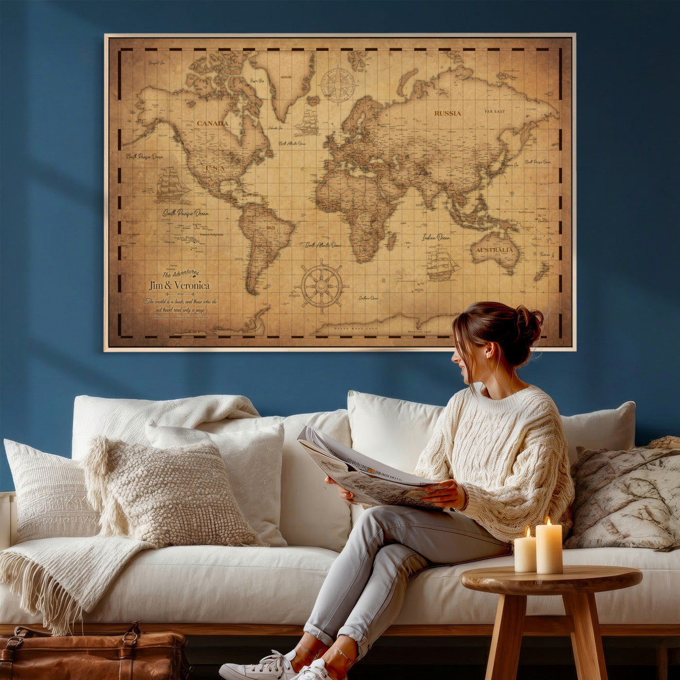 55328610-MGV-CV-36X24 - Personalize Push Pin World Map, Vintage Travel Map Canvas, Custom Names Anniversary Gift, Places Visited Pin Board, Couples Adventure Arts