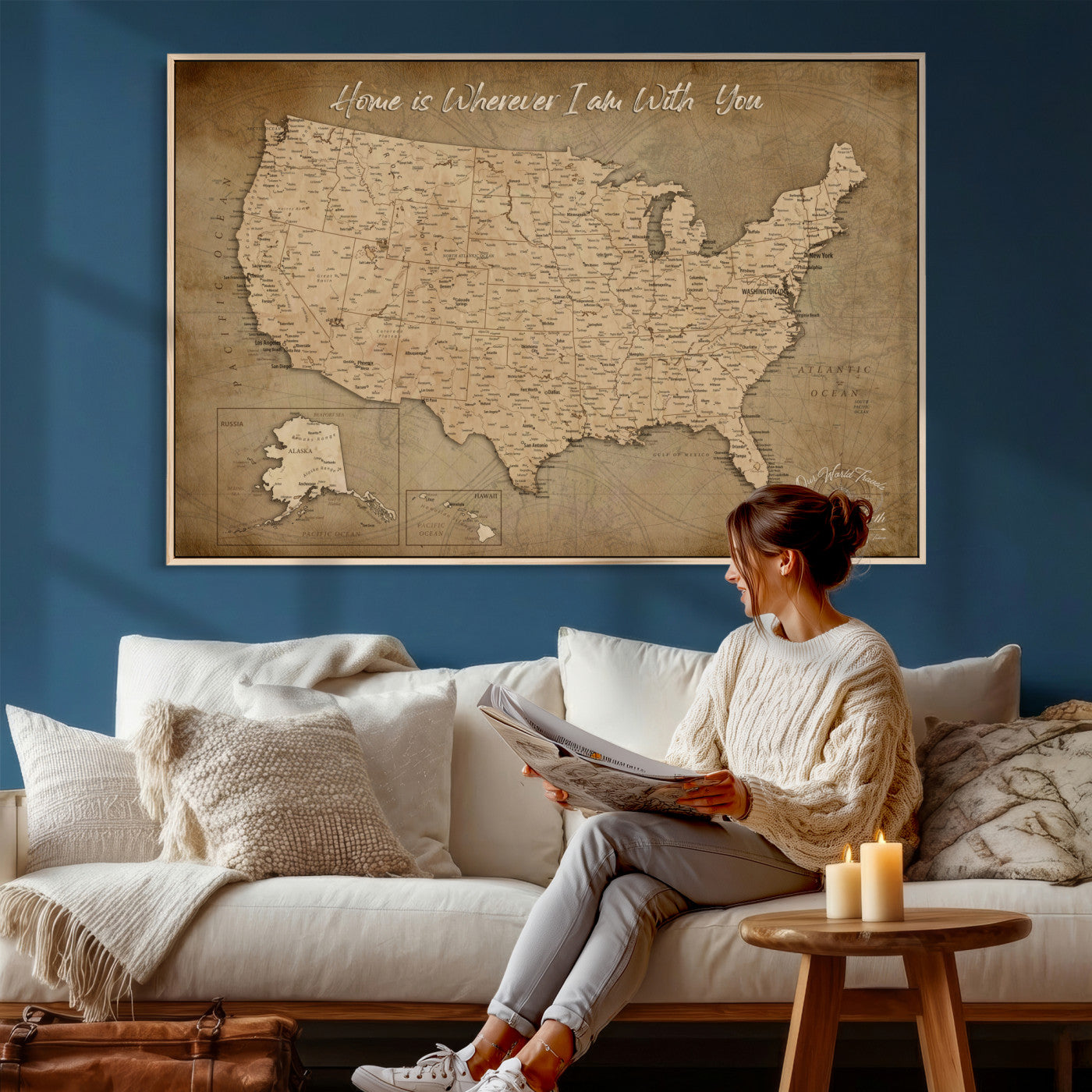 21454917-MGV-CV-36X24 - Personalized USA Push Pin Travel Map, Custom United States Map, Push Pin Map, USA Bucket List Map, Anniversary Gift | Couple Travel Map Wall Art