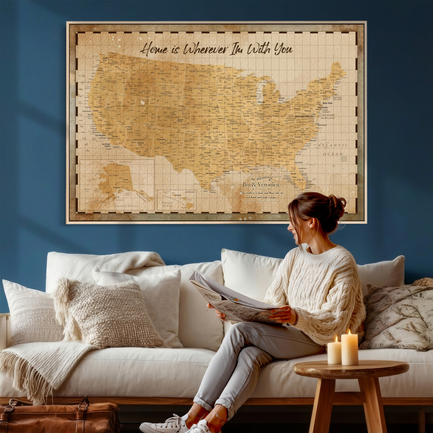 62164711-MGV-CV-36X24 - Personalized USA Push Pin Travel Map, Custom United States Map, Push Pin Map, USA Bucket List Map, Anniversary Gift, Couple Travel Map Wall Art