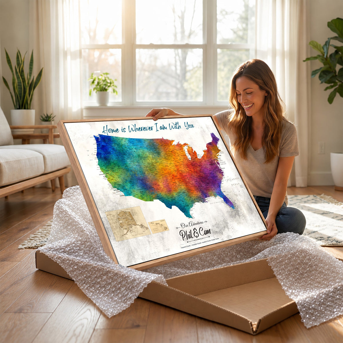 17251793-MGV-CV-36X24 - Watercolor USA Travel Map with Pins Colorful Modern Canvas Wall Art