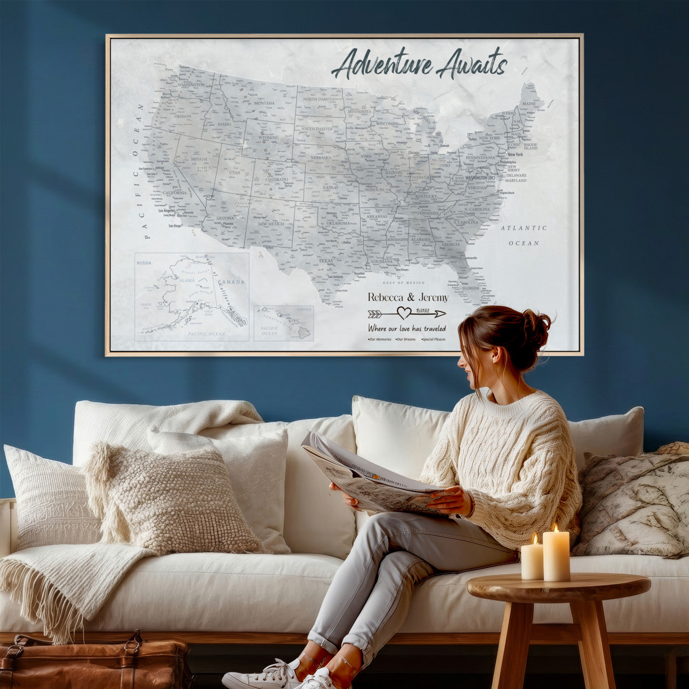 66120672-MGV-CV-36X24 - Personalized America Push Pin Travel Map Canvas Wall Art for Custom Family Gift