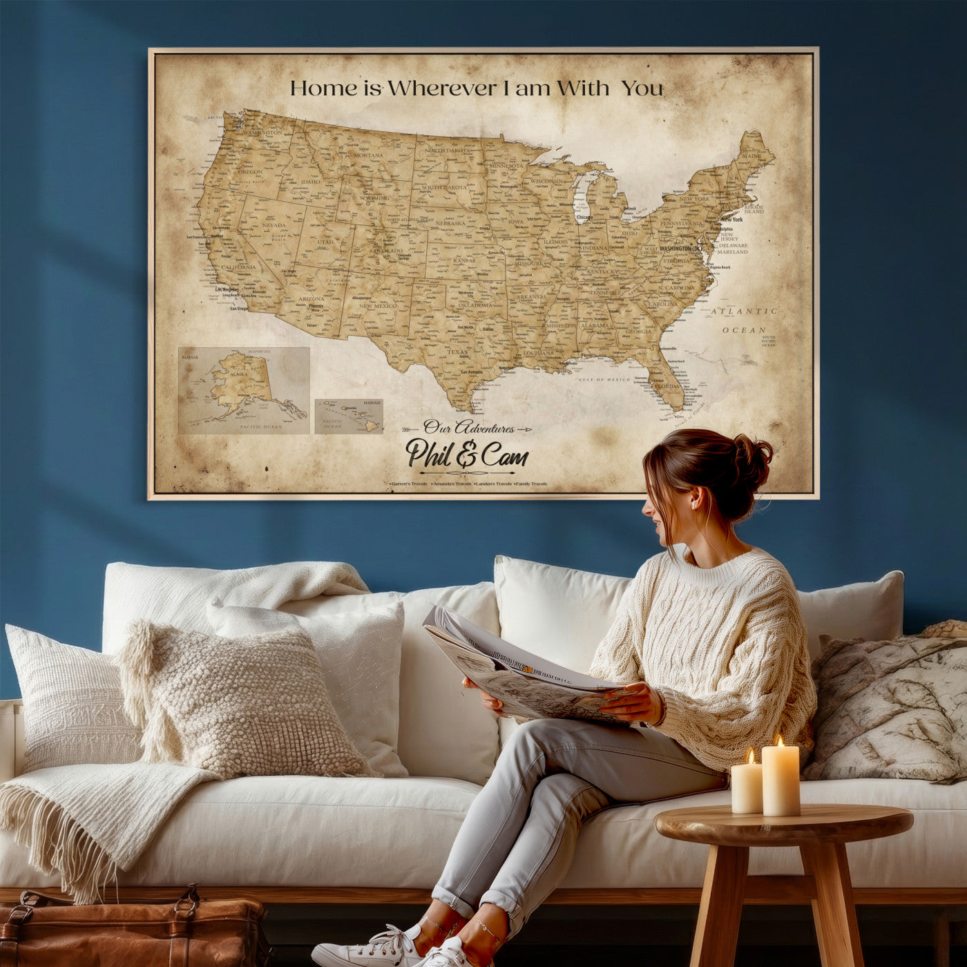 80624553-MGV-CV-36X24 - Personalized USA Push Pin Travel Map Canvas Wall Art Custom Family Gift