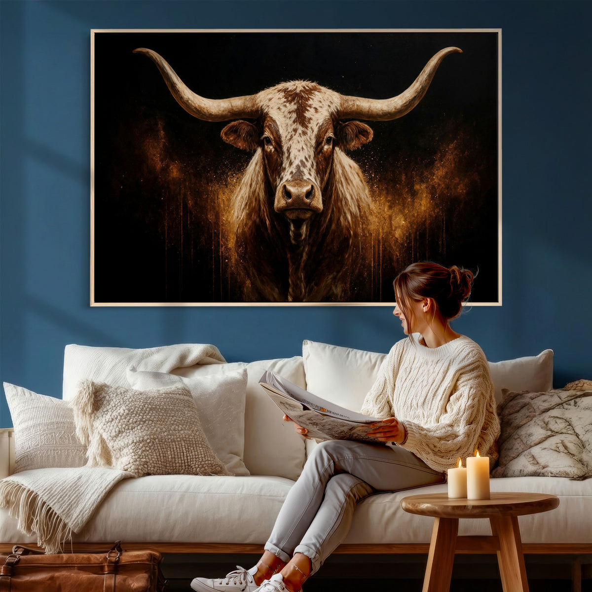 62076449-MGV-CV-36X24 - Texas Bull Cow Longhorn Canvas Wall Art Moody Western Bull Oil Painting Print