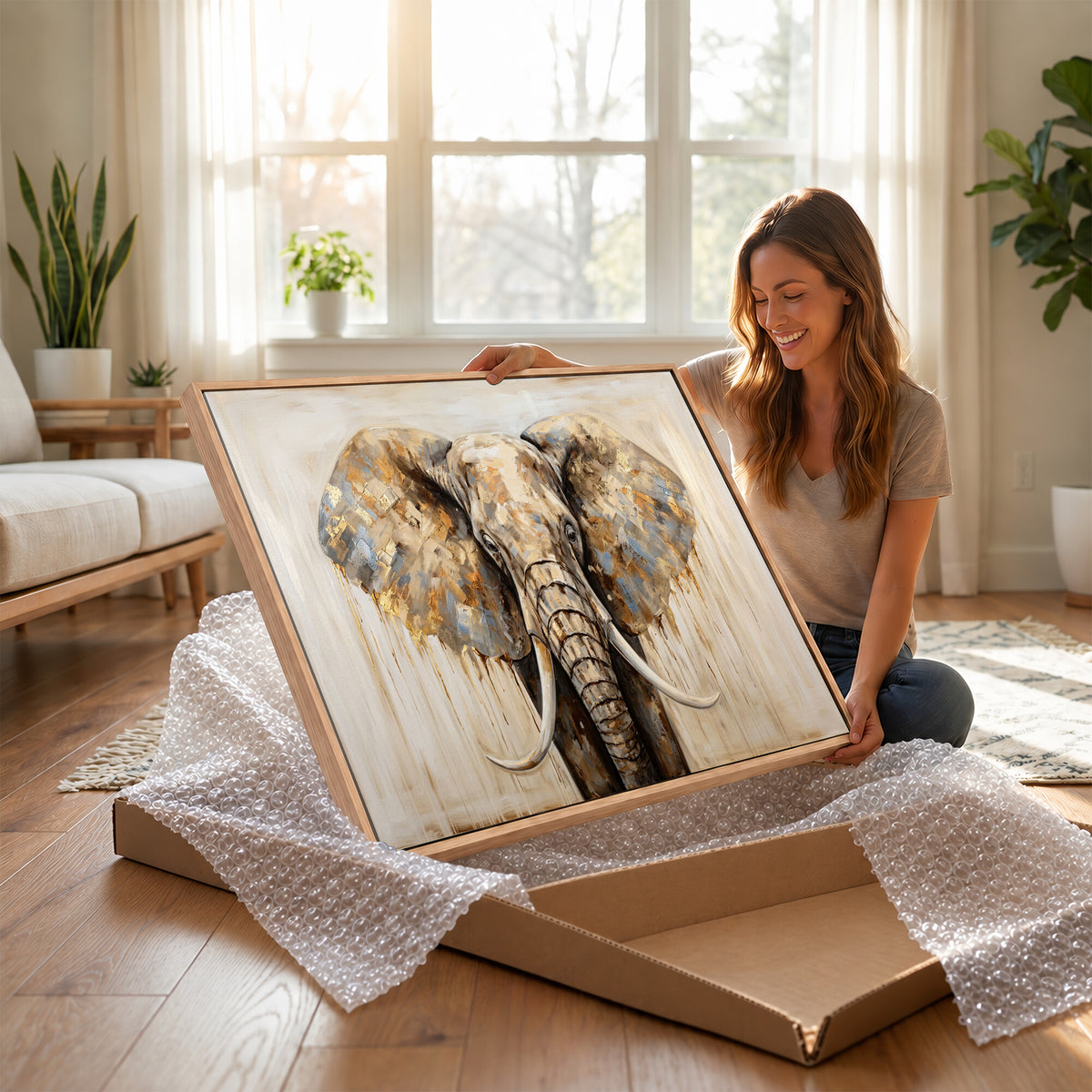 95819221-MGV-CV-36X24 - Gold Leaf Elephant Canvas Wall Art Abstract African Wildlife Painting Print