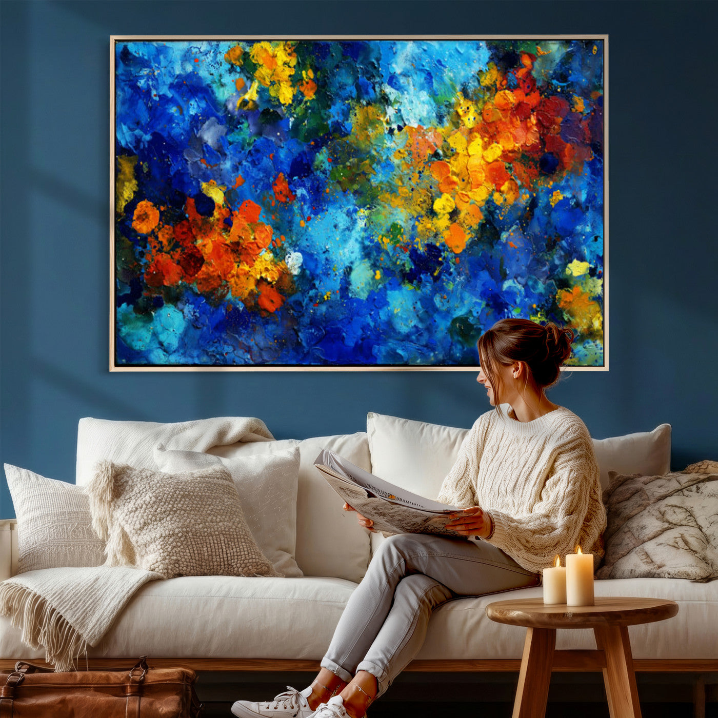 52431611-MGV-CV-36X24 - Vibrant Blue Abstract Canvas Wall Art Colorful Impasto Oil Painting Print