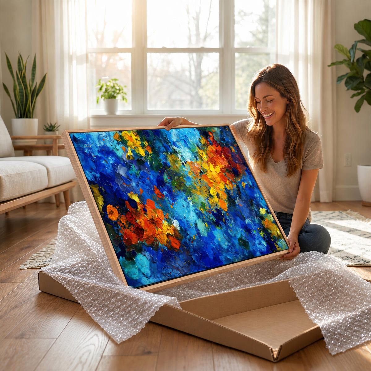 52431611-MGV-CV-36X24 - Vibrant Blue Abstract Canvas Wall Art Colorful Painterly Oil Painting Style Print