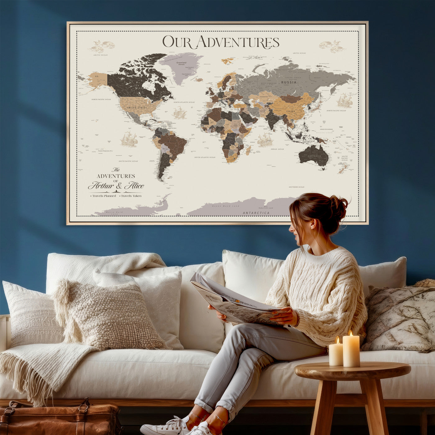 58777746A-MGV-CV-36X24 - Push Pin Customize World Map Wall Art Canvas Print, Modern Decorative Framed Map Artwork Prints for Living Room, Office, Bedroom Wall Decor