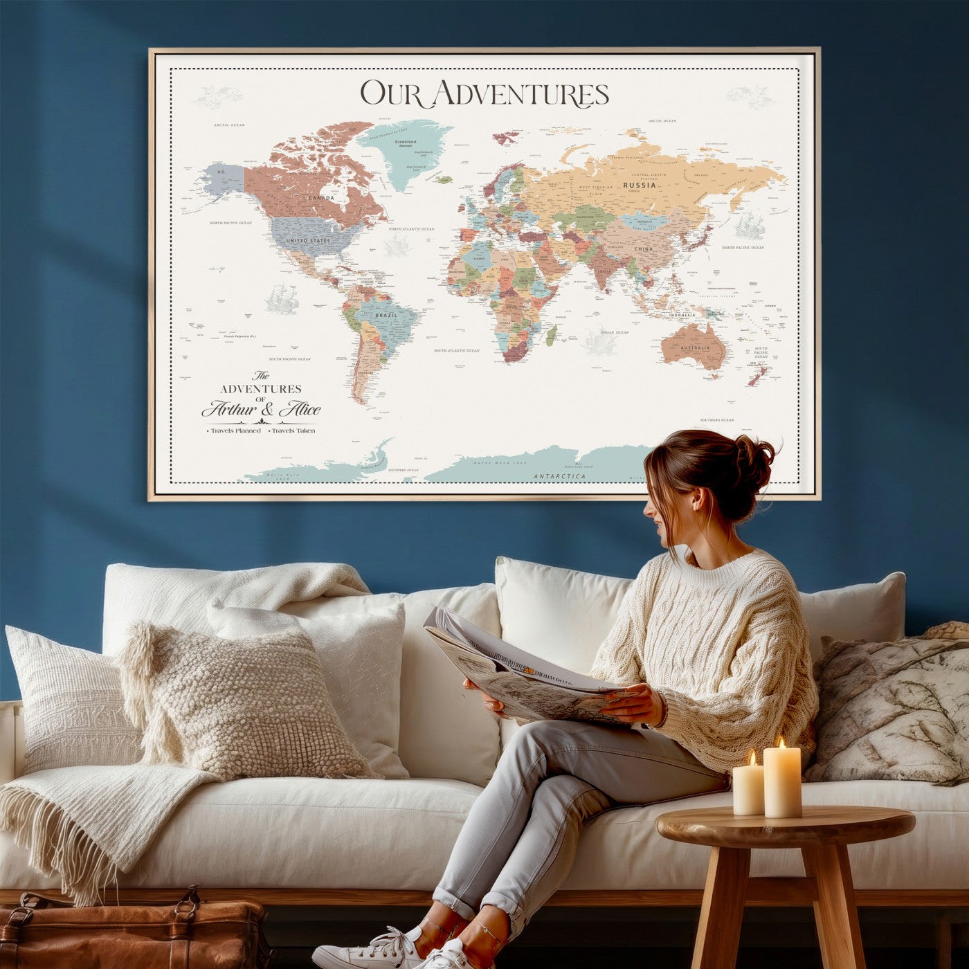NEWMAP-4-MGV-CV-36X24 - Push Pin Customize World Map with Pins Board Wall Art Canvas Print