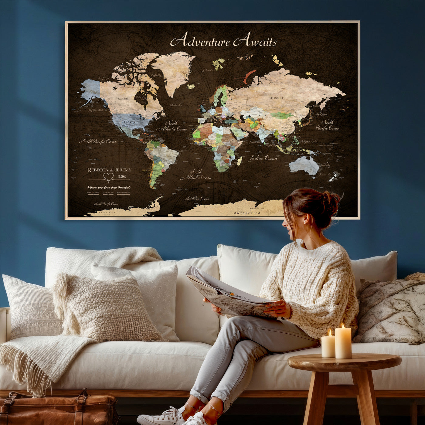95753799-MGV-CV-36X24 - Custom Push Pin World Map Canvas Print – Personalized Travel Map Wall Art