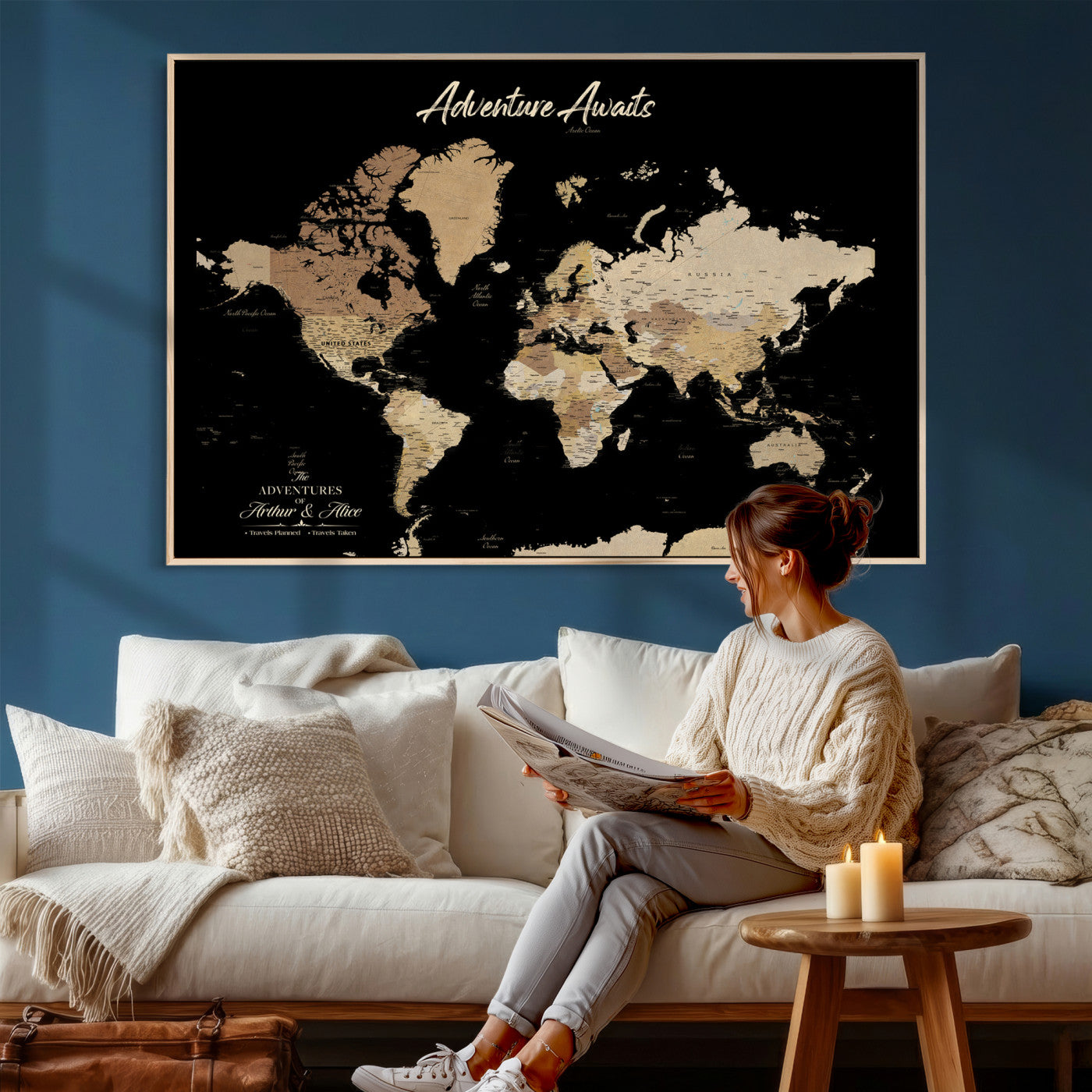 88415067-MGV-CV-36X24 - Custom Push Pin World Map Canvas Print – Personalized Travel Map Wall Art