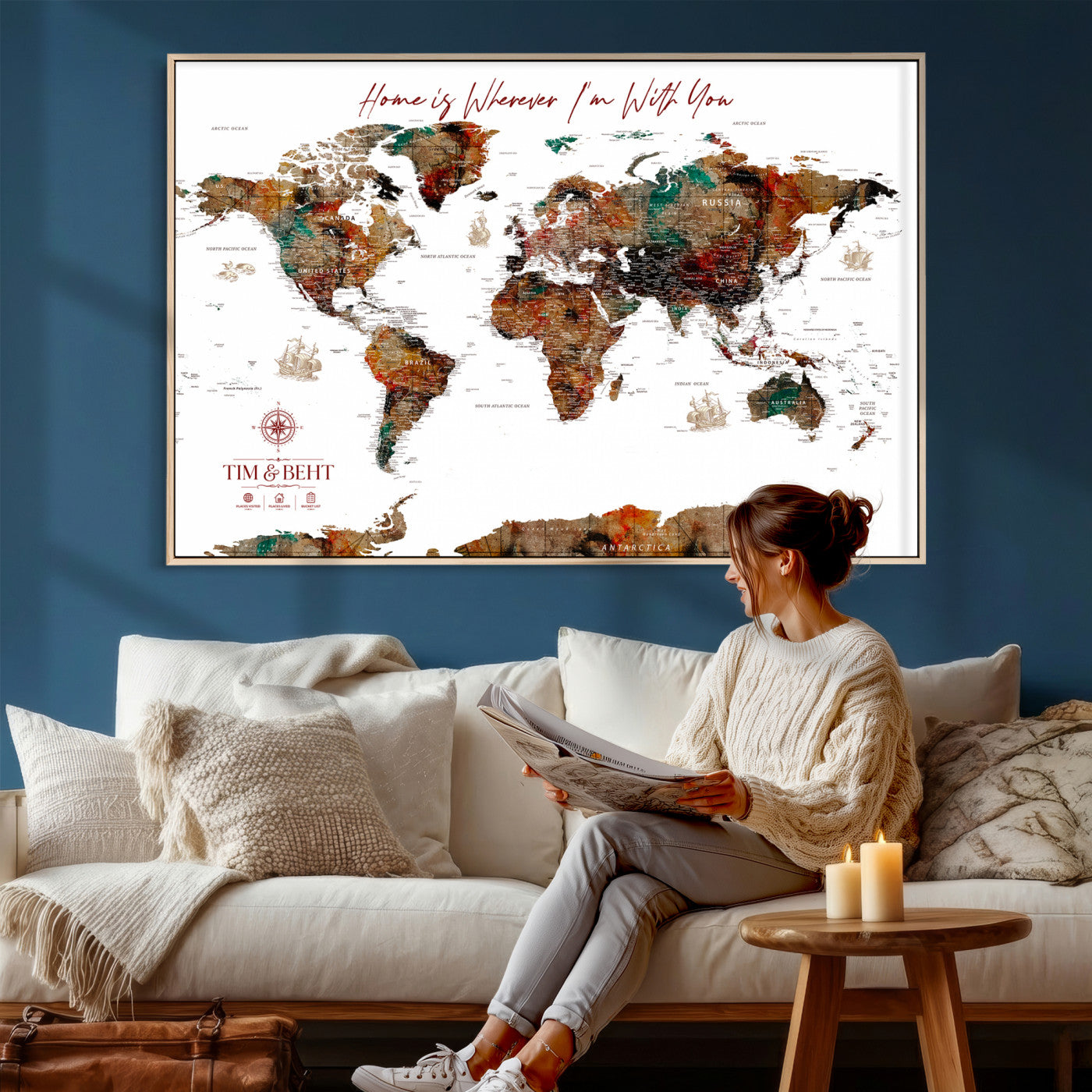 116MESUT-MGV-CV-36X24 - Custom Push Pin World Map Canvas Print – Personalized Travel Map Wall Art