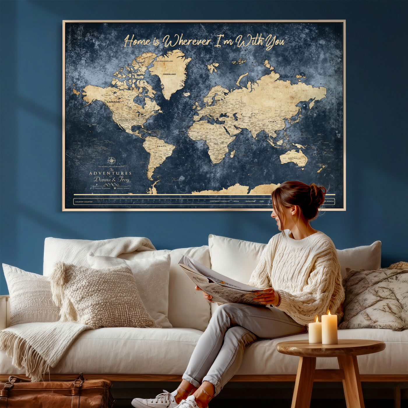 400867BL-MGV-CV-36X24 - Framed Blue Custom Push Pin World Map Canvas Print – Personalized Travel Map Wall Art