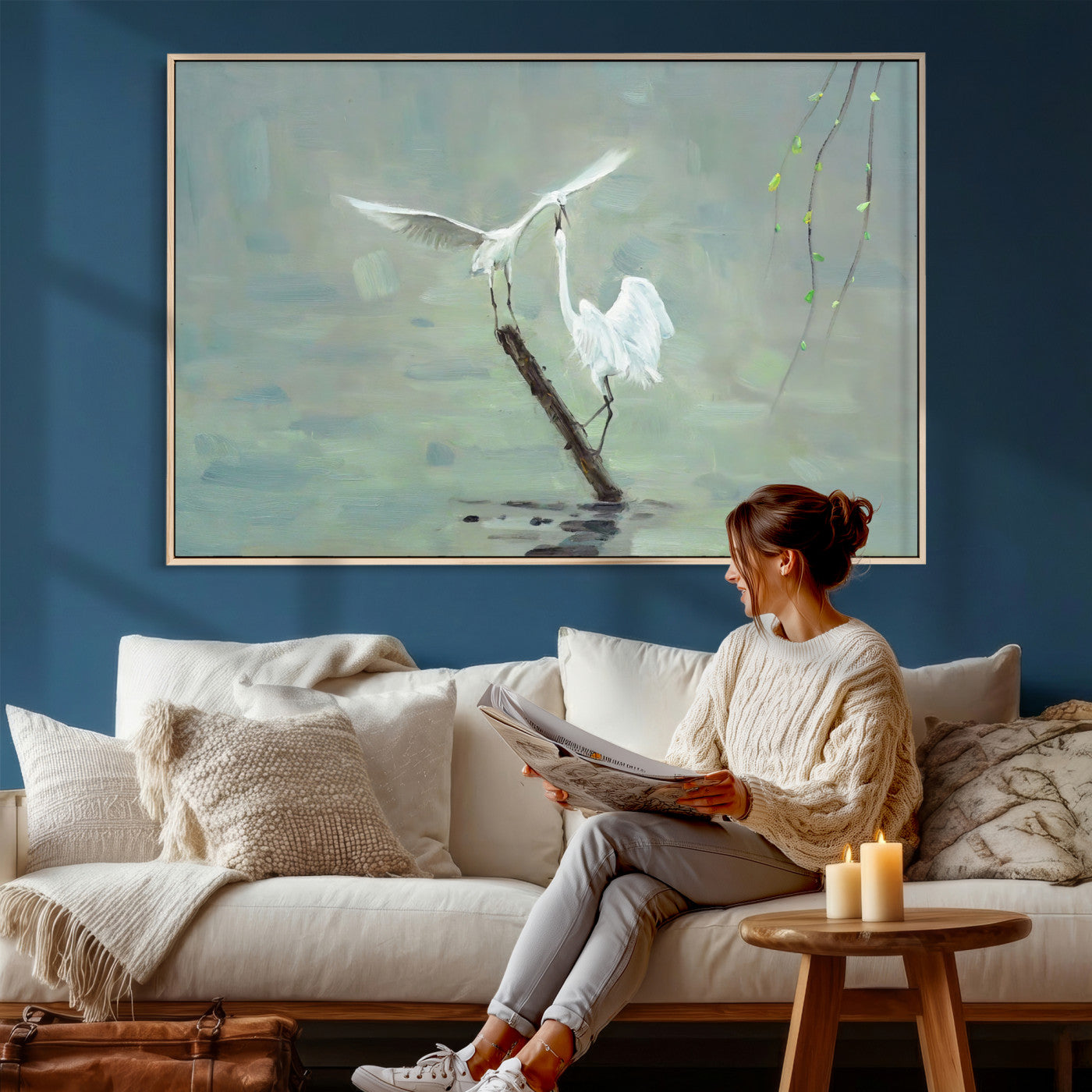 91124838-MGV-CV-36X24 - Two White Egrets on Marsh Branch Wall Art Canvas Print - Vintage Style Coastal Bird Poster
