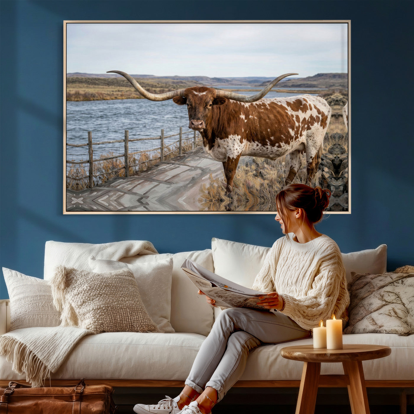 91575949-MGV-CV-36X24 - Texas Longhorn Cattle in Desert Pasture Wall Art Canvas Print - Rustic Western Decor