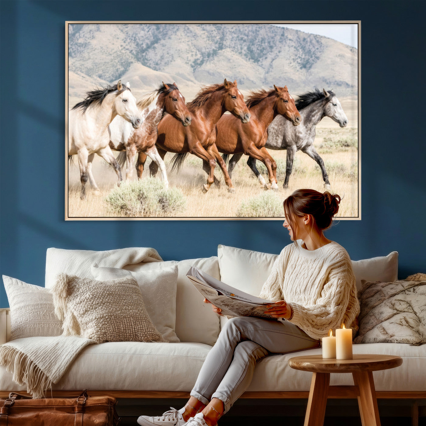 68345893-MGV-CV-36X24 - Five Mustangs Running Wild in Mountain Valley Wall Art Canvas Print - Rustic Western Decor