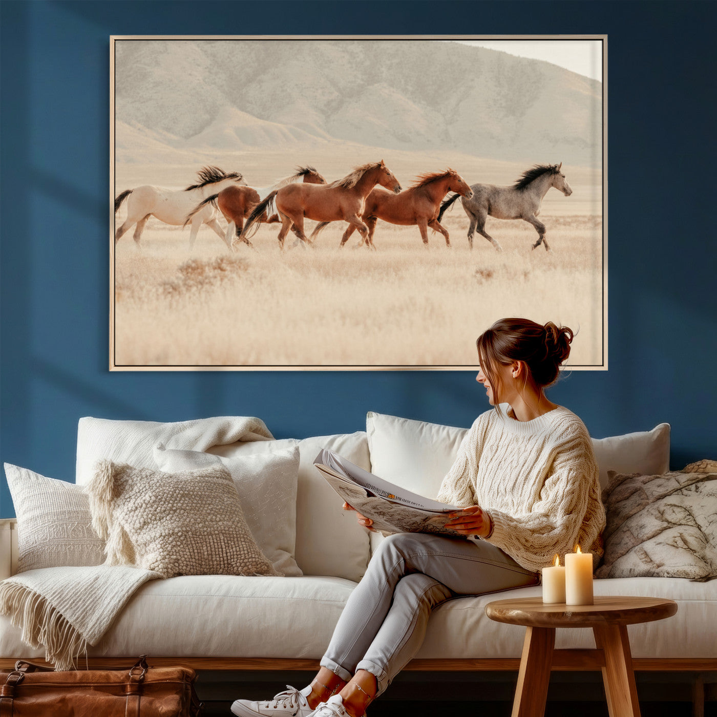 43348446-MGV-CV-36X24 - Herd of Wild Horses Running in Desert Mountain Wall Art Canvas Print - Boho Western Landscape