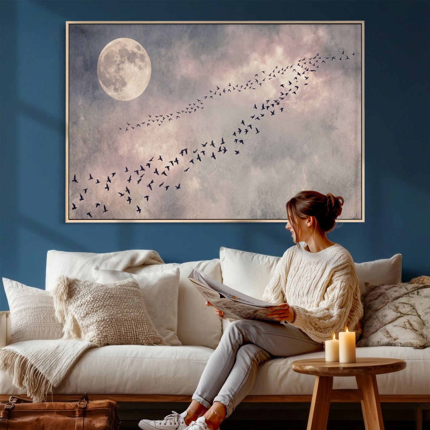 52339590-MGV-CV-36X24 - Birds Flying to Moon Wall Art Canvas Print - Vintage Surreal Night Sky Sky Print