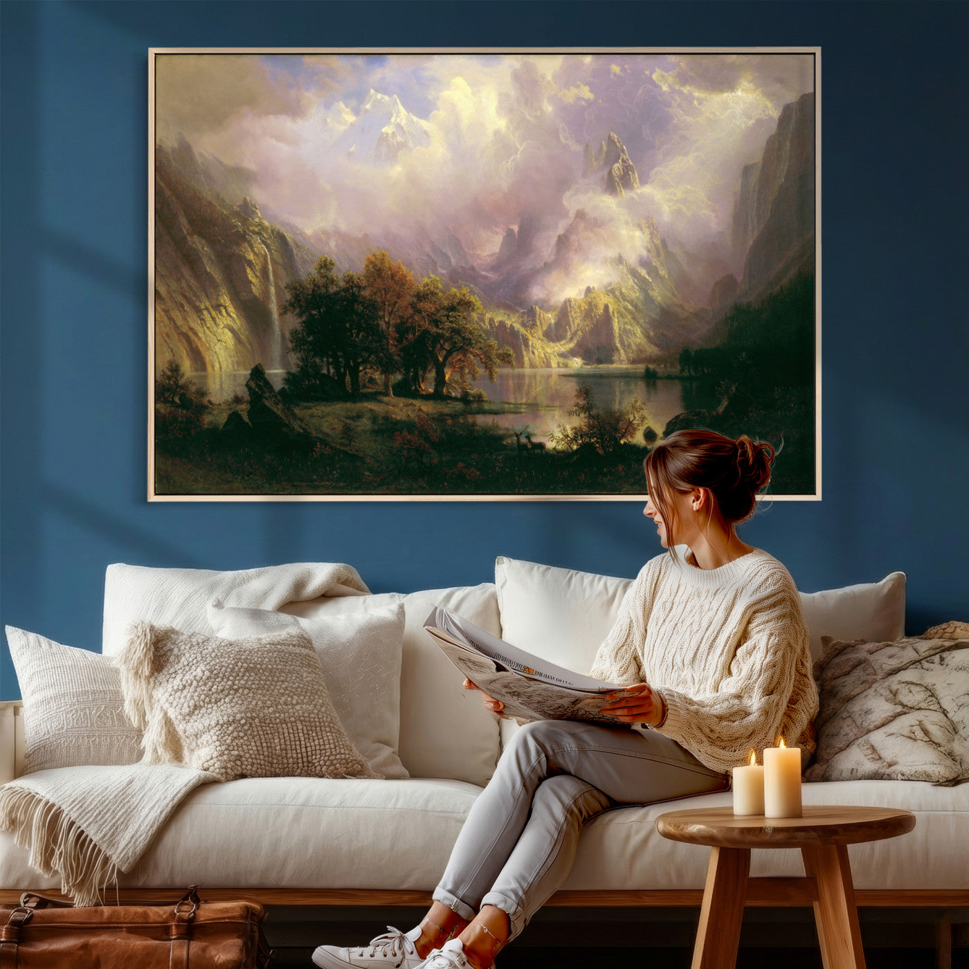 49189463-MGV-CV-36X24 - Albert Bierstadt Rocky Mountain Landscape Wall Art Canvas Print, Classic Fine Art Painting Print