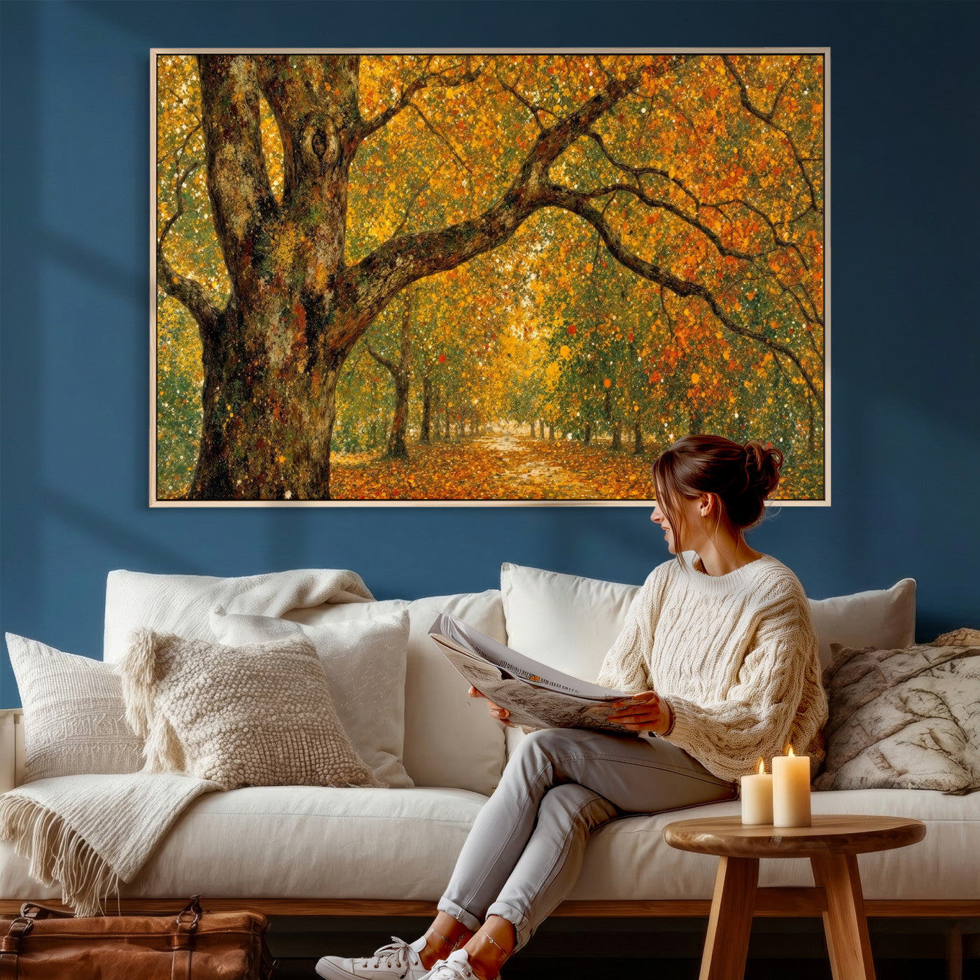 11536138-MGV-CV-36X24 - Vintage Autumn Forest Path Wall Art Canvas Print, Golden Leaves Impressionist Painting Print