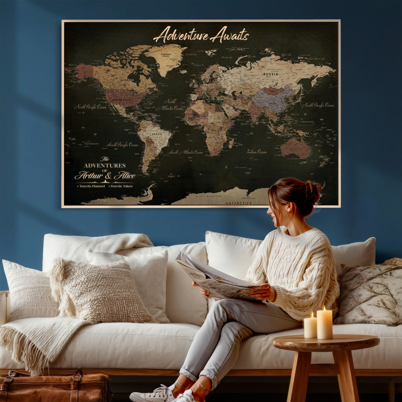 46935759-MGV-CV-36X24 - Custom Push Pin World Map Canvas | Personalized Travel Tracker | Wedding Anniversary Gift for Couples | Adventure Map Wall Art with Pins