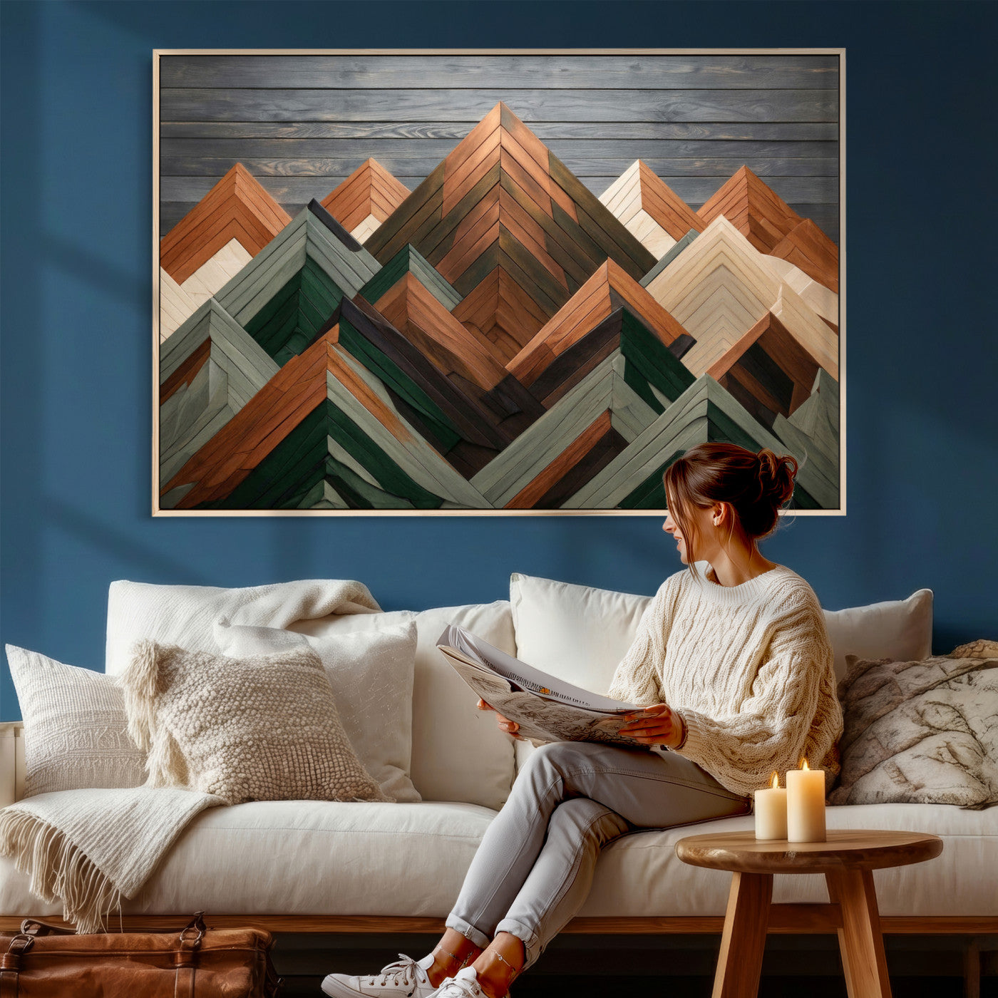 84617347-MGV-CV-36X24 - Geometric Wood Mountain Wall Art Canvas Print, 3D Look Rustic Mosaic Landscape Print