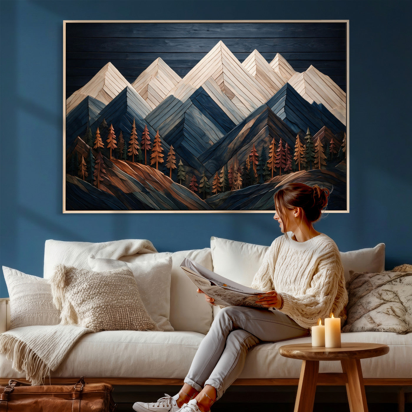 87765072-MGV-CV-36X24 - Geometric Wood Mountain Wall Art Canvas Print, 3D Look Rustic Mosaic Landscape Print