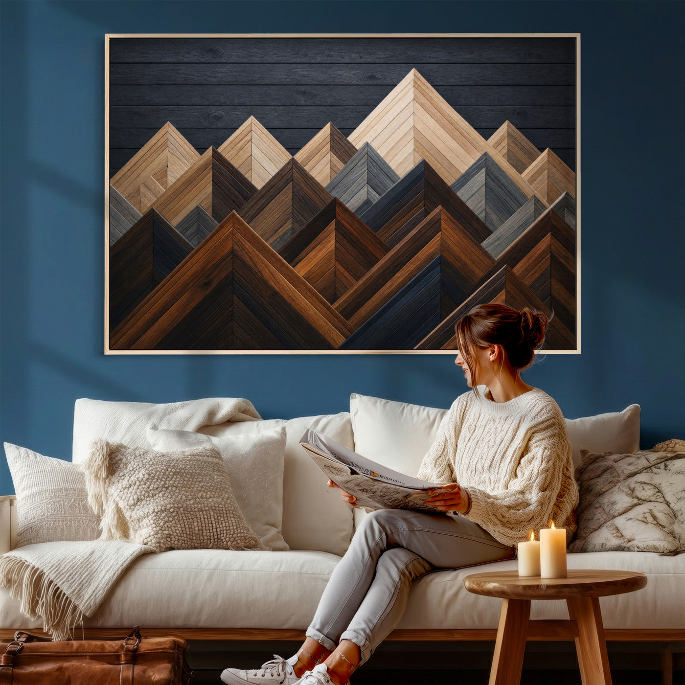 70531117-MGV-CV-36X24 - Geometric Wood Mountain Wall Art Canvas Print, 3D Look Rustic Mosaic Landscape Print