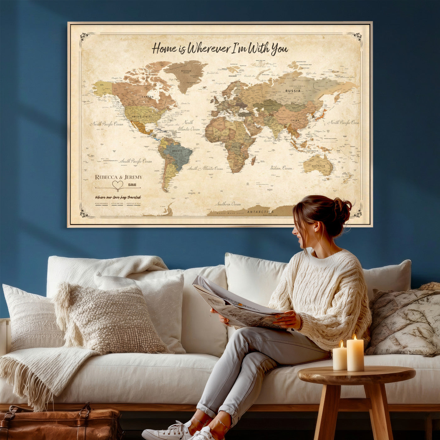40086165SP-MGV-CV-36X24 - Custom Push Pin Travel Map Canvas Print, Cream Personalized Travel Tracker Map, Anniversary Gift, Vintage World Map Wall Art
