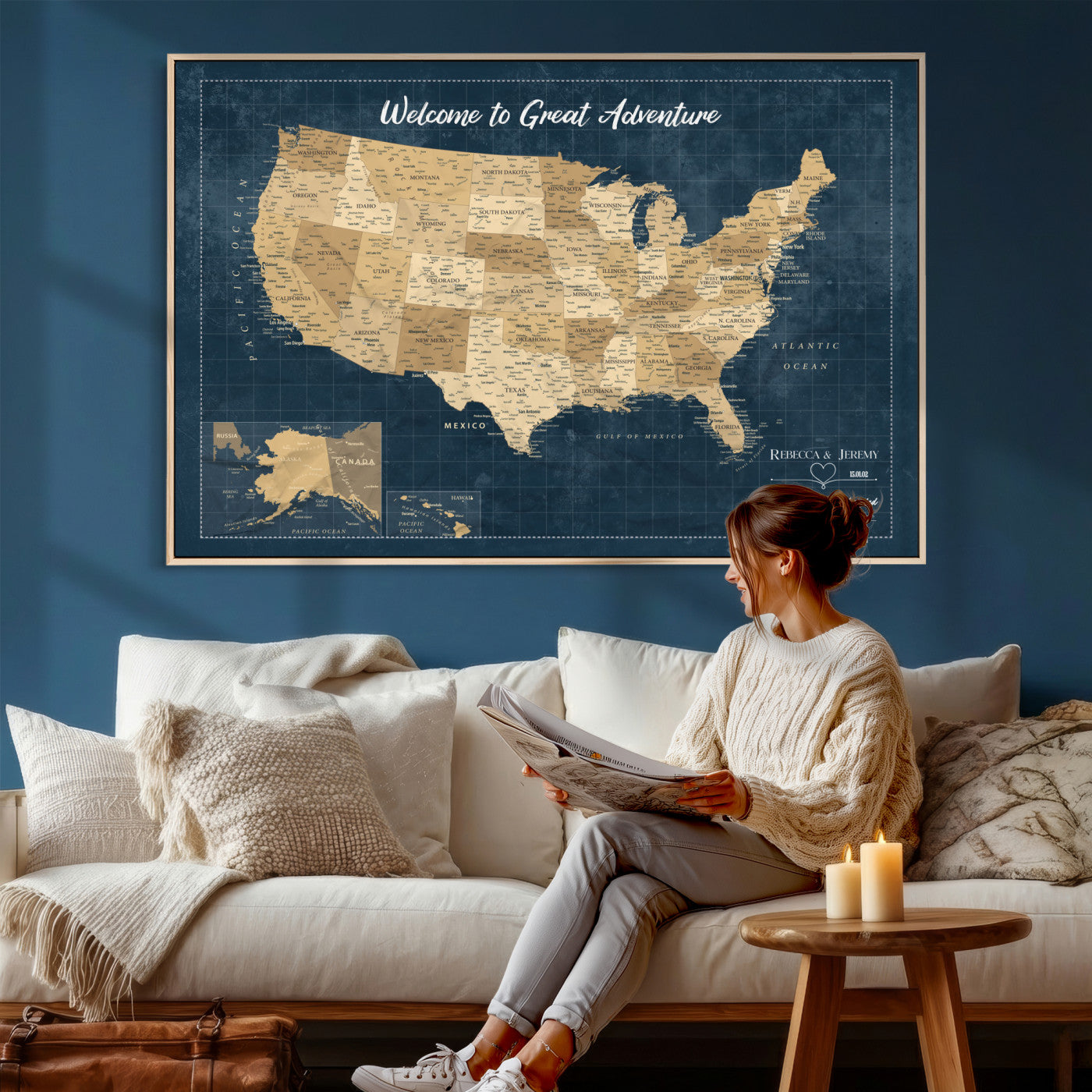 58851035-MGV-CV-36X24 - Custom Push Pin Travel USA Map Canvas Print, Cream Personalized Travel Tracker America Map, Anniversary Traveler Gift