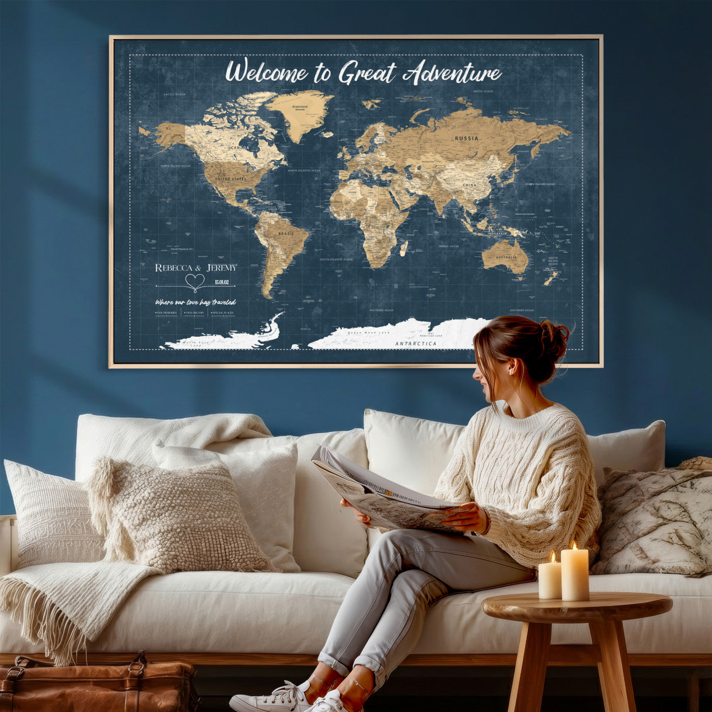 57167164-MGV-CV-36X24 - Custom Push Pin Travel Map Canvas Print, Cream Personalized Travel Tracker Map, Anniversary Gift, Vintage World Map Wall Art