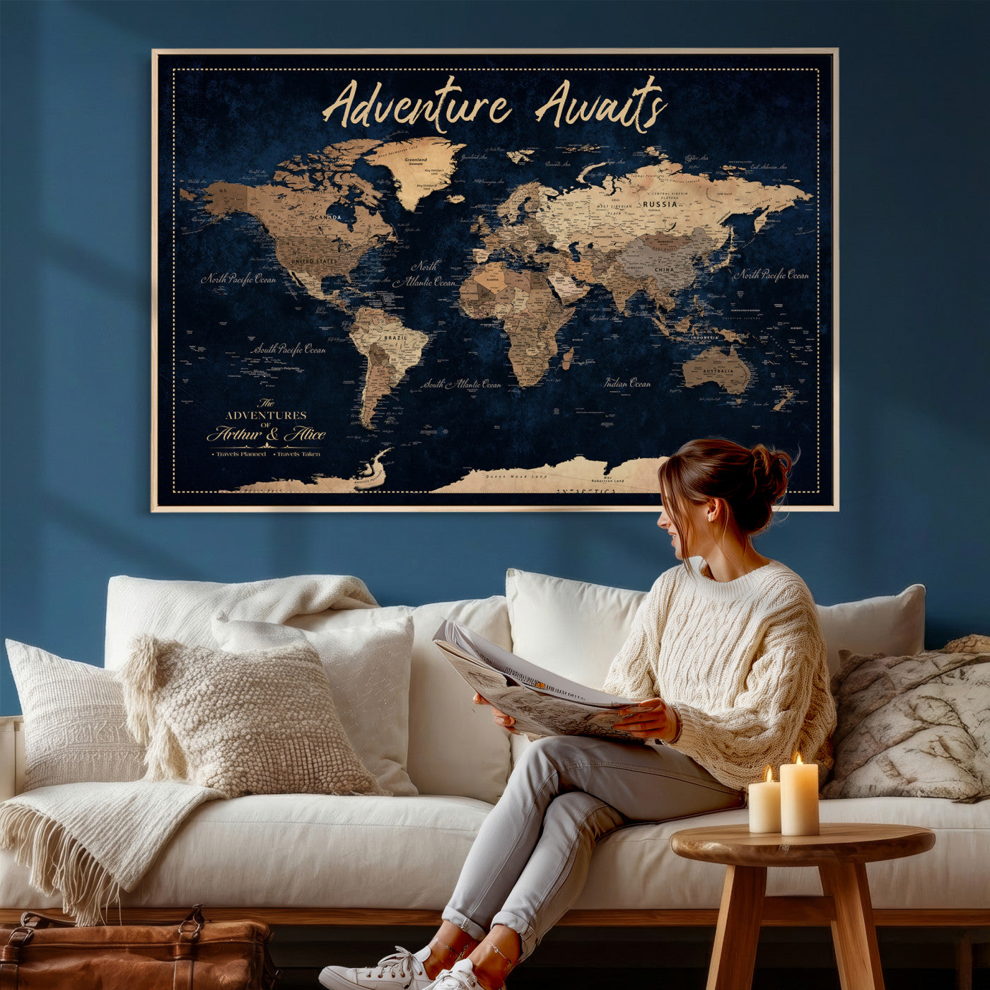 57167164-MGV-CV-36X24 - Custom Push Pin Travel Map Canvas Print, Navy Blue Personalized Travel Tracker Map, Anniversary Gift, Vintage World Map Wall Art