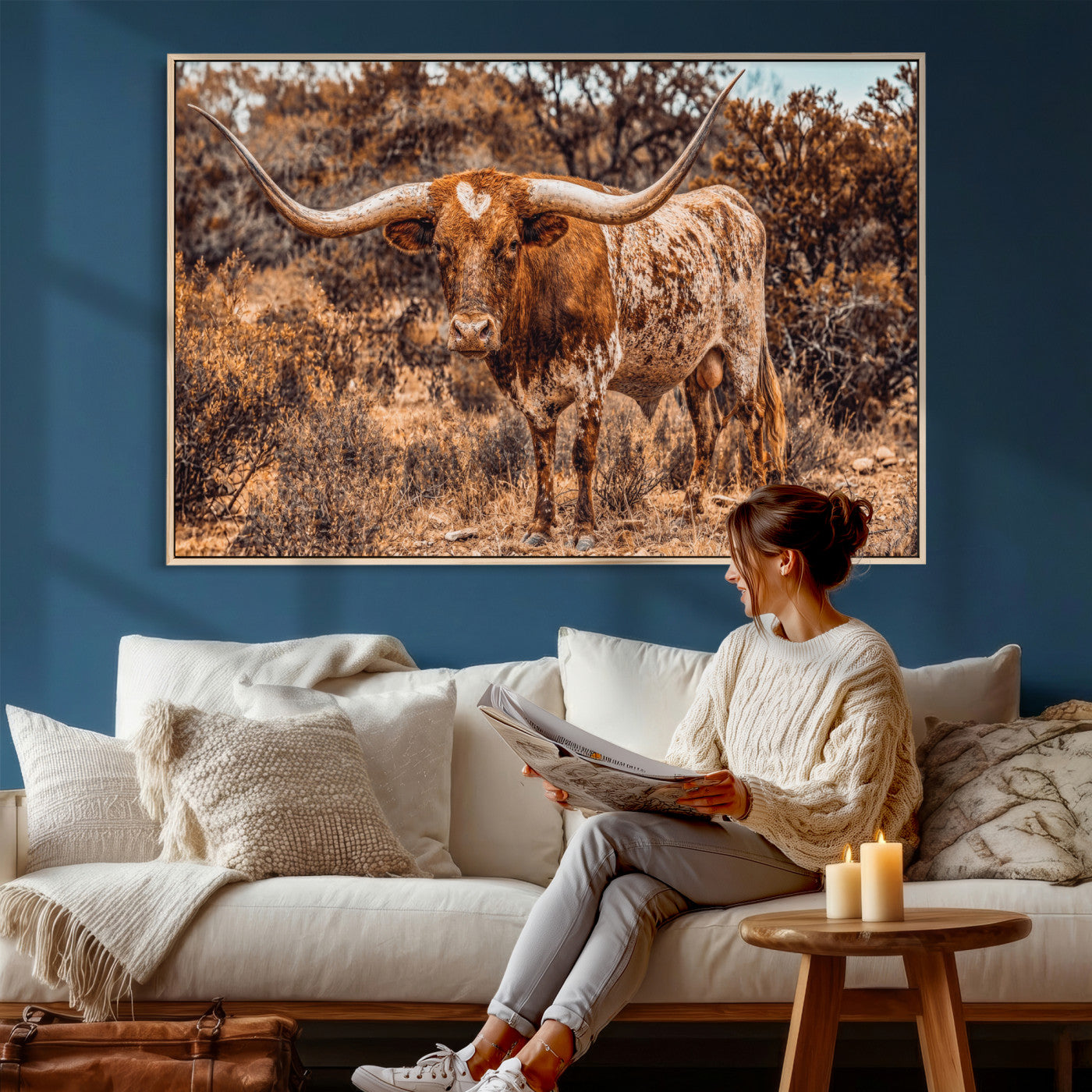 62076449-MGV-CV-36X24 - Texas Cow Bull Longhorn Print for Western Wall Art Decor for Farmhouse