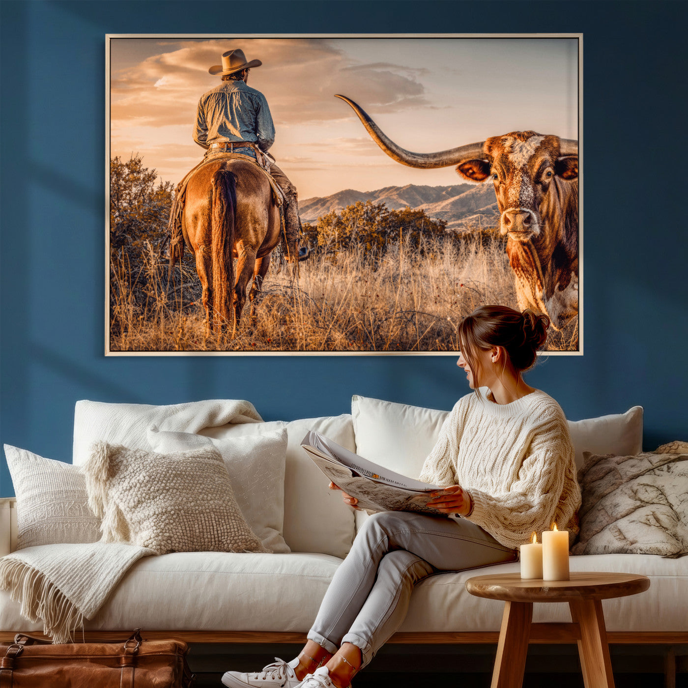 62076449C-MGV-CV-36X24 - Texas Cowboy and Longhorn Bull Print for Western Wall Art Decor for Farmhouse