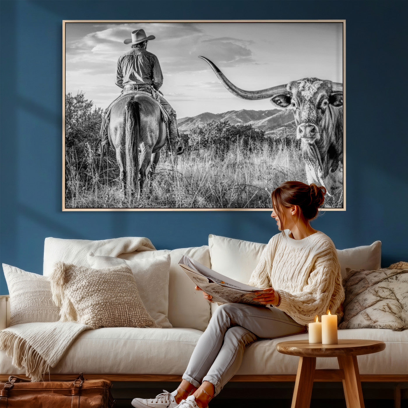 62076449WB-MGV-CV-36X24 - Texas Cowboy and Longhorn Bull Print for Western Wall Art Decor for Farmhouse