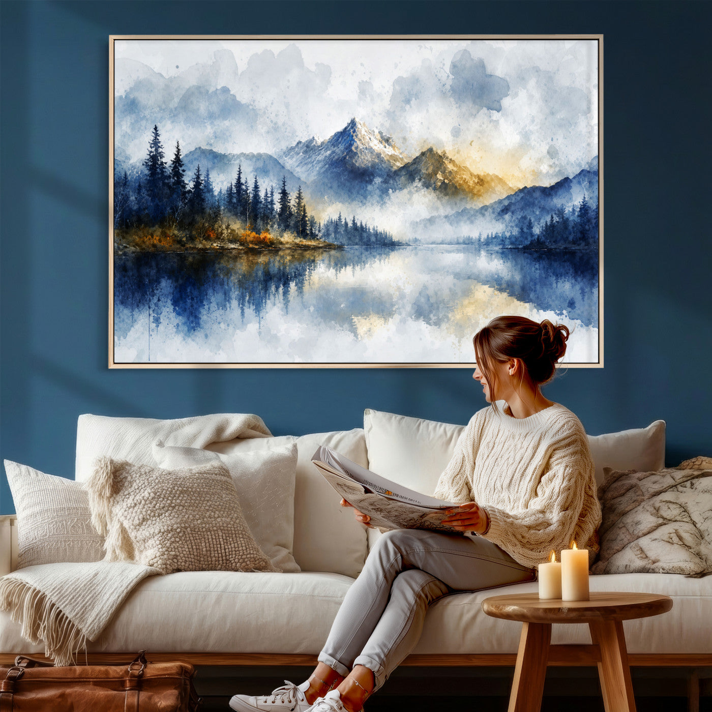62076449DG-MGV-CV-36X24 - Abstract Watercolor Mountain Lake Wall Art Print for Living Room Decor