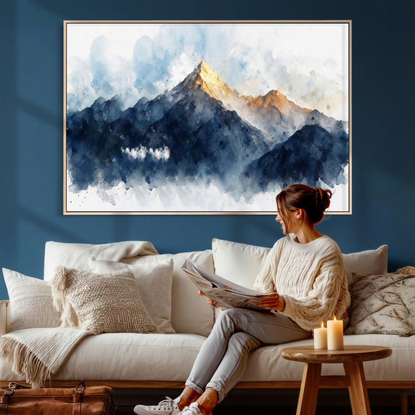 62076449DG1-MGV-CV-36X24 - Abstract Watercolor Mountain Lake Wall Art Print for Living Room Decor