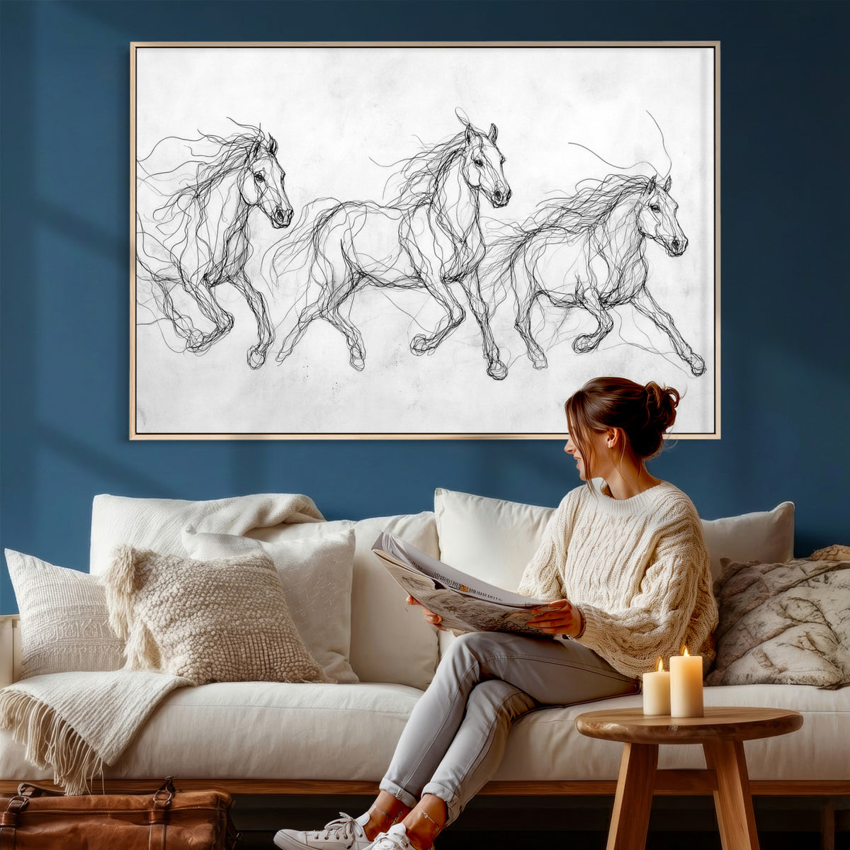 53600119-MGV-CV-36X24 - Monochrome Horse Canvas Wall Art, Black Ink Sketch Wild Horses Print, Minimalist Equestrian Artwork, Modern Abstract Line Decor, Urban Loft Gift
