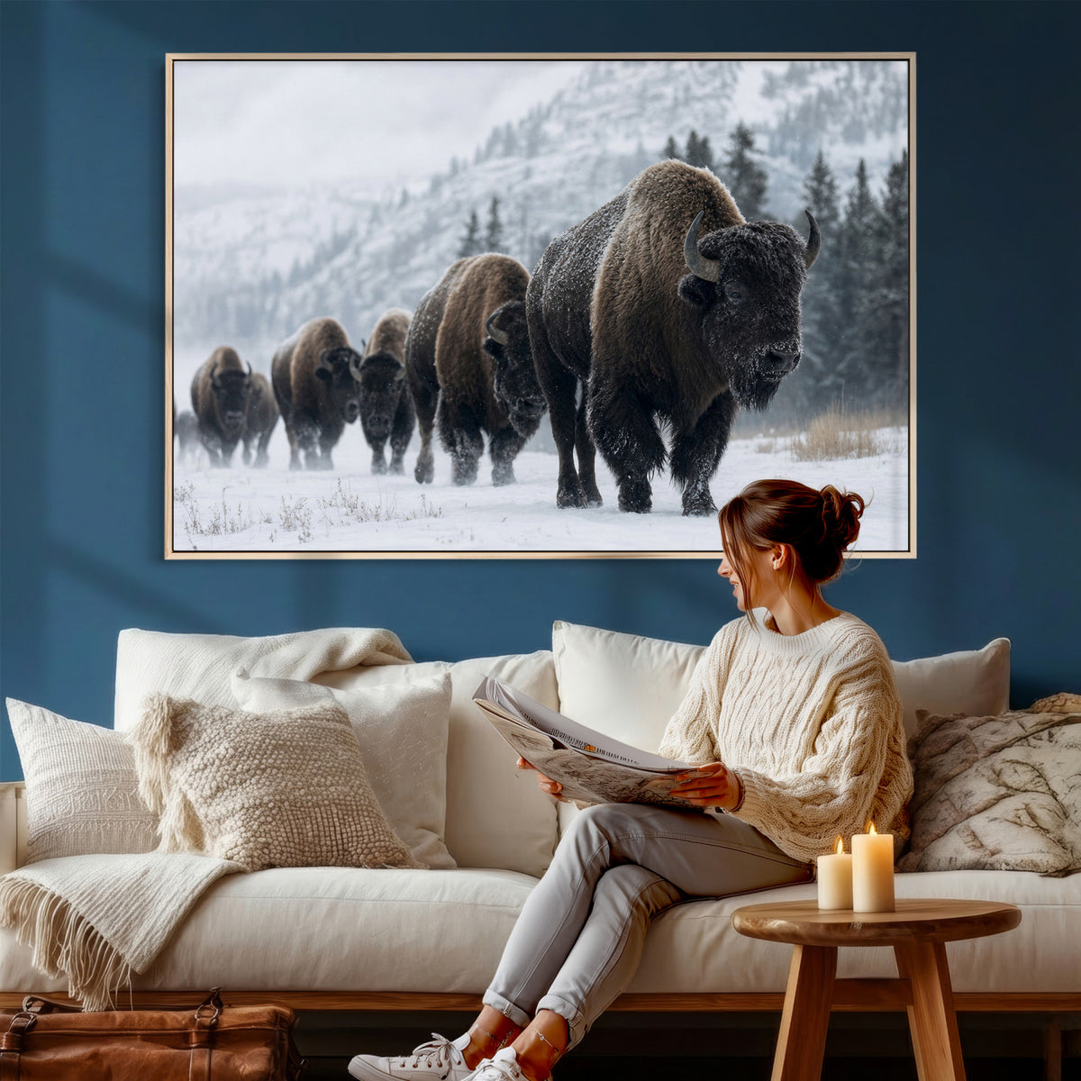 18343289-MGV-CV-36X24 - Rustic Bison Wall Art, American Buffalo Photo Print, Wildlife Canvas Artwork, Snowy Mountain Decor, Large Nature Poster, Cabin Gift Idea