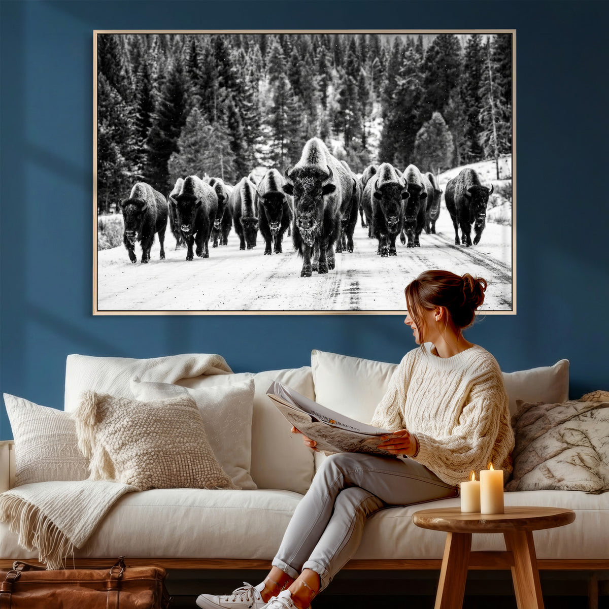 79337077-MGV-CV-36X24 - Black and White Bison Canvas Art, American Buffalo Print, Winter Wildlife Photography, Rustic Forest Wall Decor, Large Statement Nature Gift