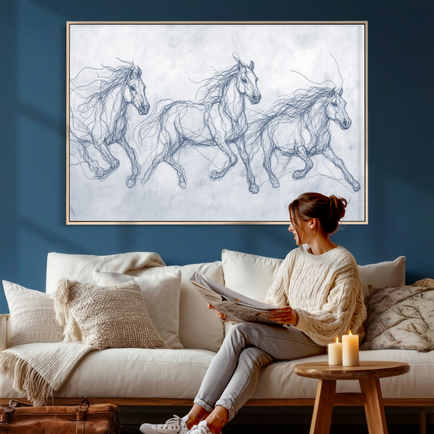 41163601-MGV-CV-36X24 - Indigo Blue Horse Line Art Canvas, Steel Grey Wild Horses Print, Abstract Navy Scribble Artwork, Modern Slate Equine Wall Decor, Coastal Ranch Gift