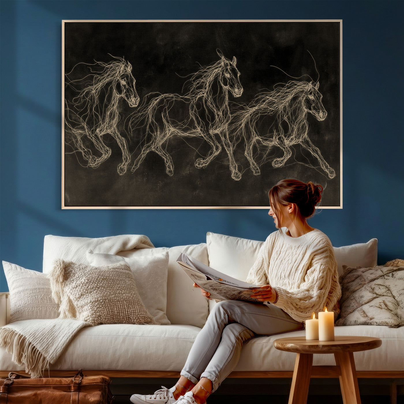 15344242-MGV-CV-36X24 - Dark Horse Line Art Canvas, Gold Scribble Wild Horses Print, Black Chalkboard Wall Art, Modern Luxury Equine Decor, Masculine Office Gift