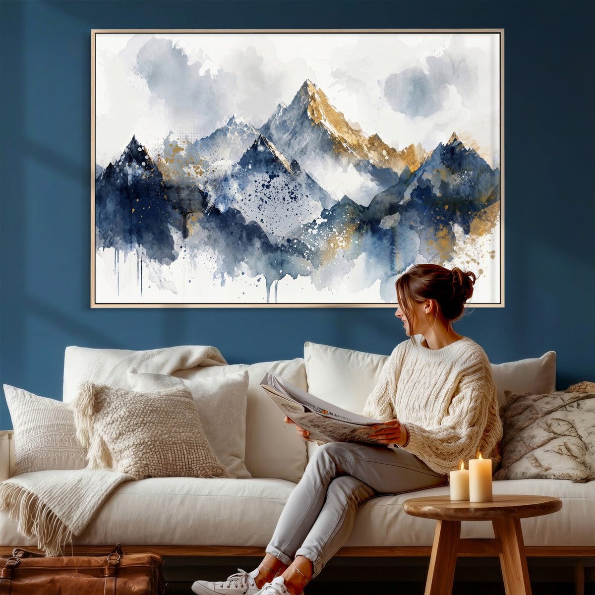 87460616-MGV-CV-36X24 - Abstract Mountain Canvas Wall Art, Blue Gold Foil Landscape Print, Modern Indigo Watercolor Poster, Large Abstract Nature, Luxury Office Gift