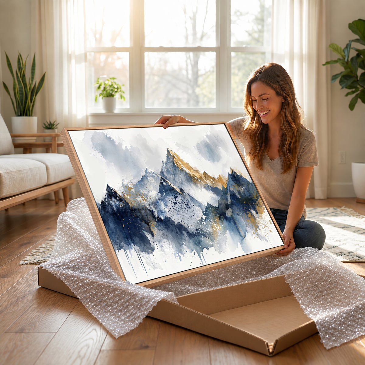 87460616-MGV-CV-36X24 - Abstract Mountain Canvas Wall Art, Blue Gold Foil Landscape Print, Modern Indigo Wall Decor