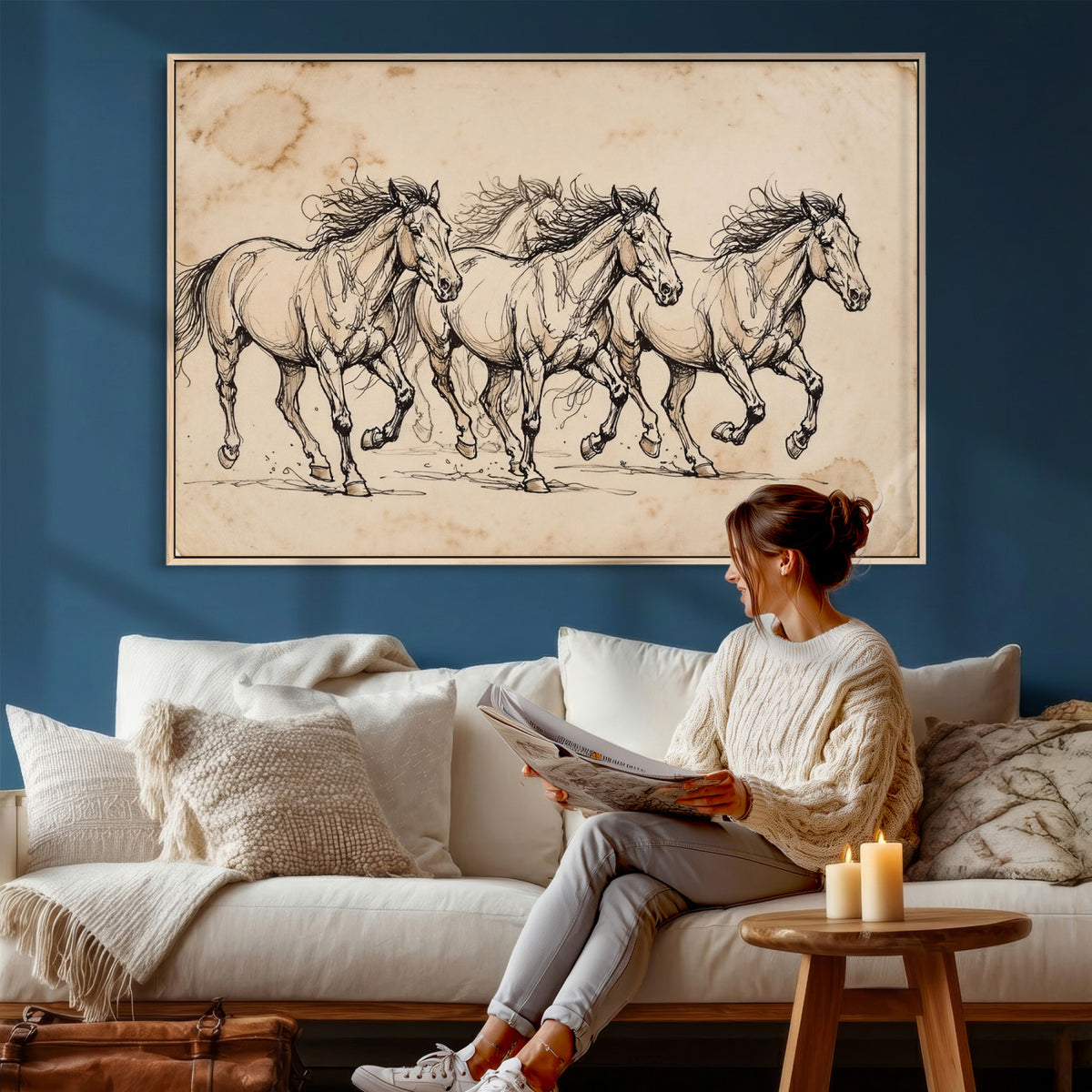 18242163-MGV-CV-36X24 - Vintage Horse Sketch Canvas Wall Art, Wild Horses Pencil Drawing Print, Antique Parchment Western Decor, Equine Sketching, Country Manor Gift