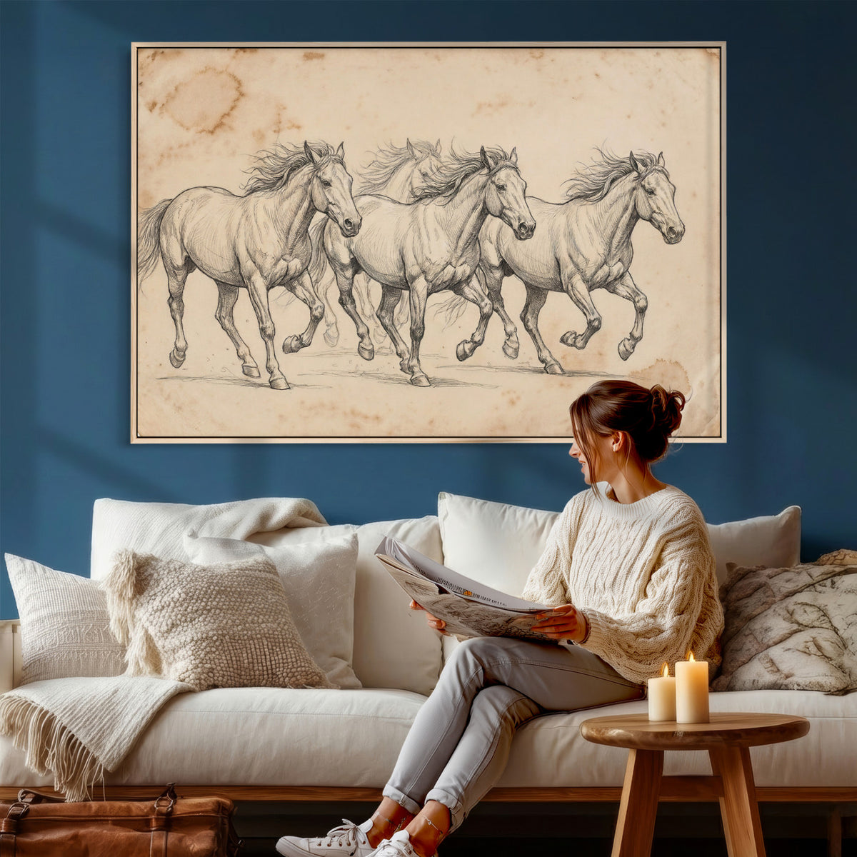 16644391-MGV-CV-36X24 - Vintage Horse Sketch Canvas Wall Art, Wild Horses Pencil Drawing Print, Antique Parchment Western Decor, Equine Sketching, Country Manor Gift